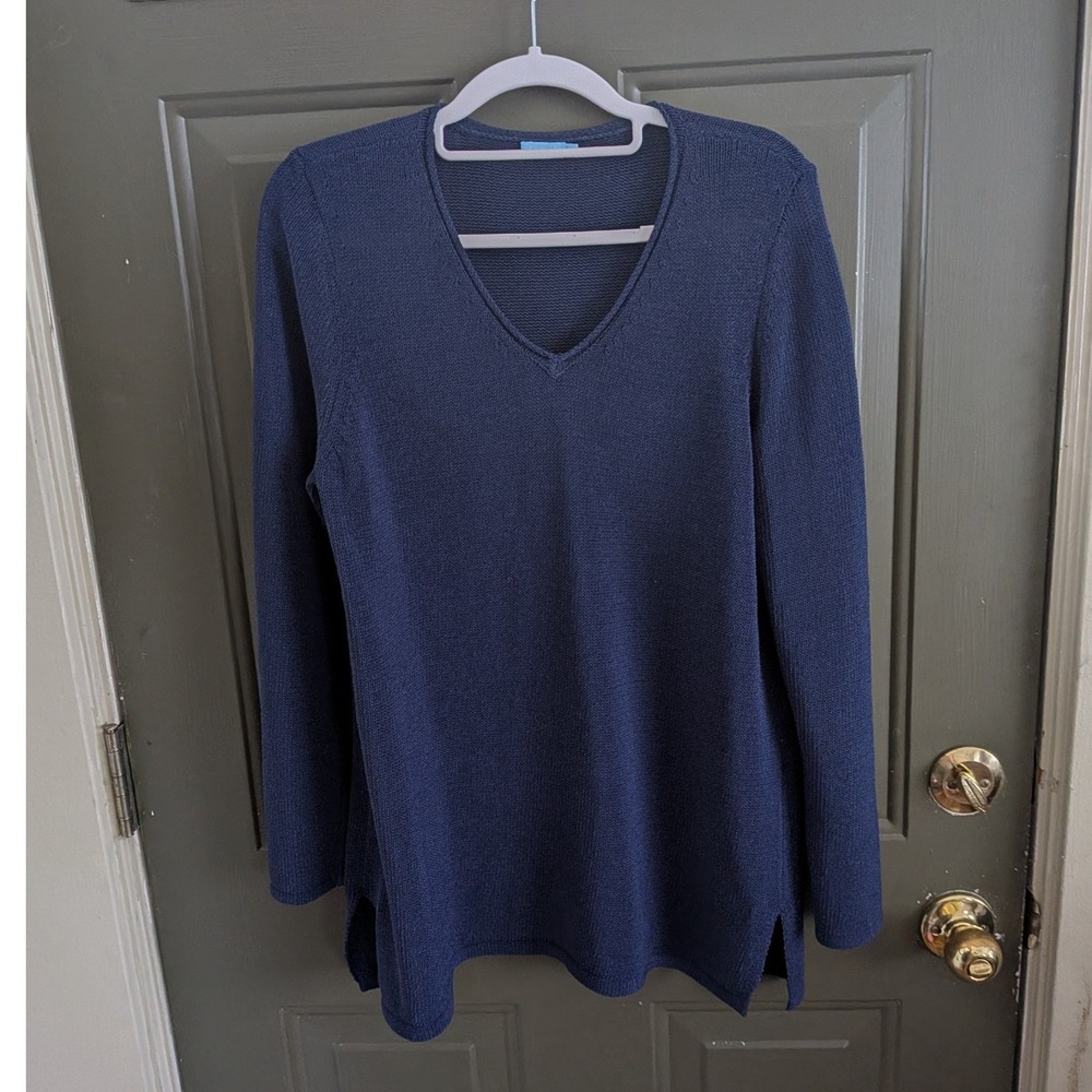 J.McLaughlin Navy Blue Textured Cotton Blend Basic‎ Neutral Sweater Large